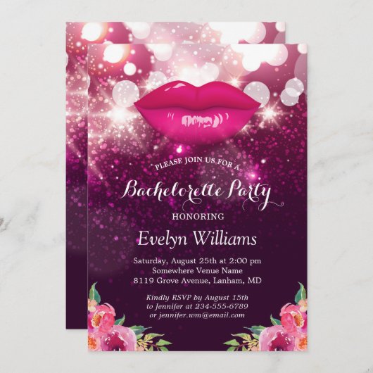 Bachelorette Party roze Paarse glitter Lips Floral Kaart (Voorkant / Achterkant)