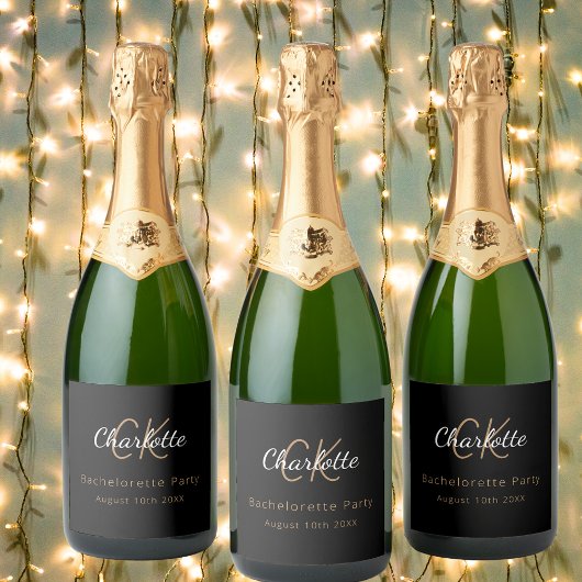 Bachelorette Party zwart goud monogram Sparkling Wijnetiket