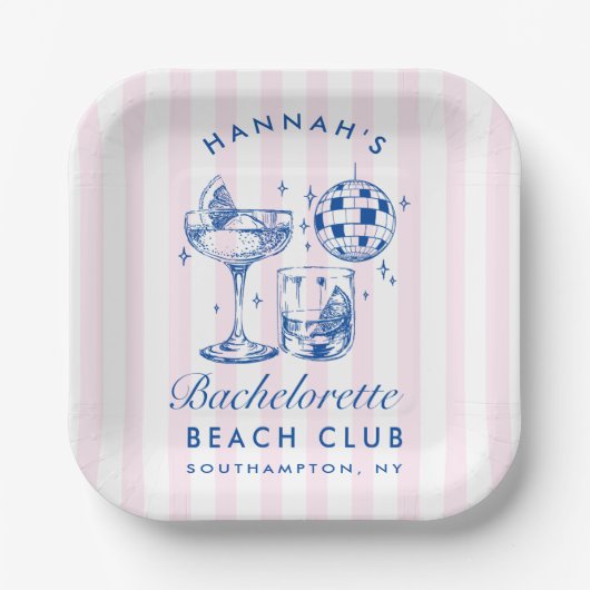 Bachelorette Retro Disco Cocktail blauw & roze Papieren Bordje (Voorkant)