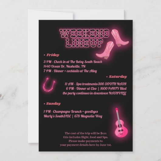 Bachelorette Rose Noir Invitation Week-end (Dos)