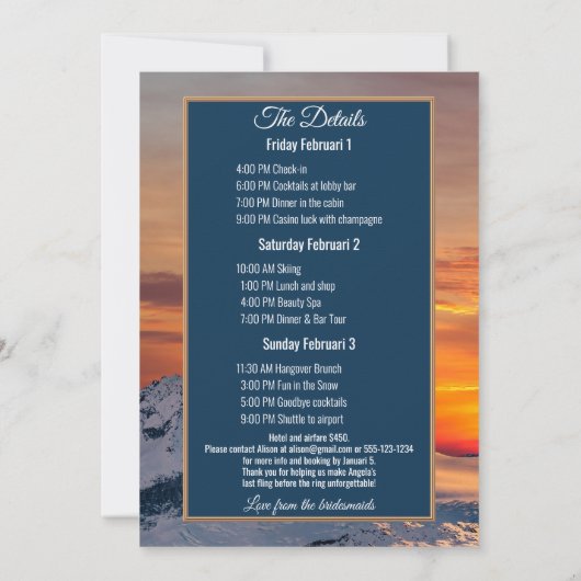 Bachelorette Skiing Weekend Itinerary Uitnodiging (Achterkant)