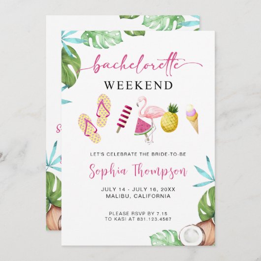 Bachelorette Tropicale Palm Beach Invitation (Devant / Derrière)
