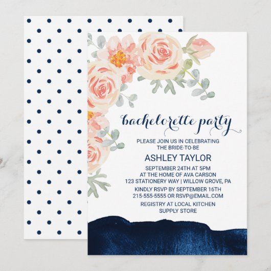 Bachelorette Waterverf Floral Peach & Navy Kaart (Voorkant / Achterkant)