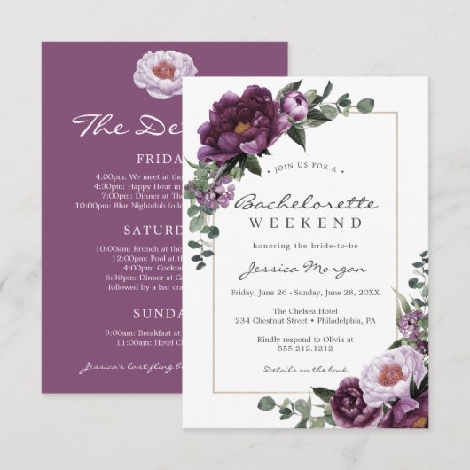Bachelorette Weekend reisroute Paarse uitnodiging (Voorkant / Achterkant)