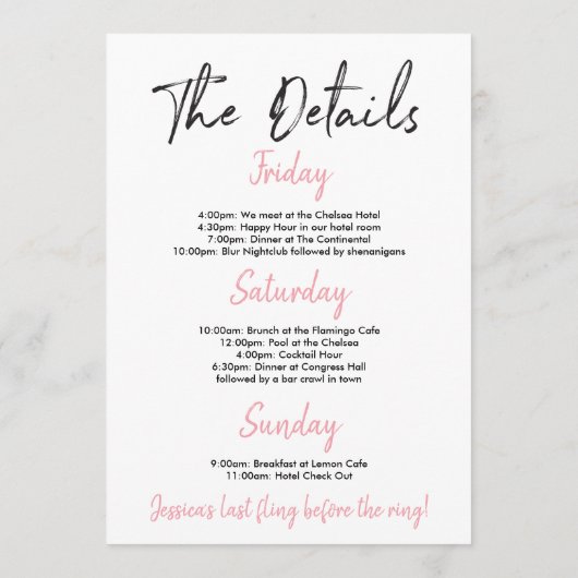 Bachelorette Weekend Route Roze en Goud Programma (Achterkant)