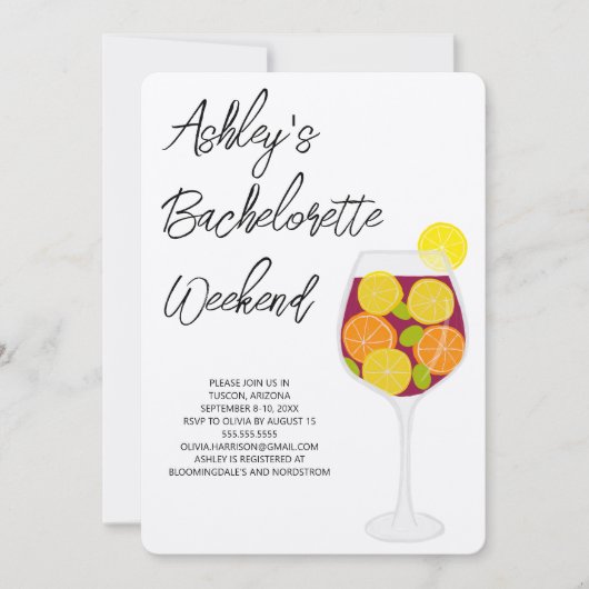 Bachelorette Weekend Sangria Cocktailglas Kaart (Voorkant)