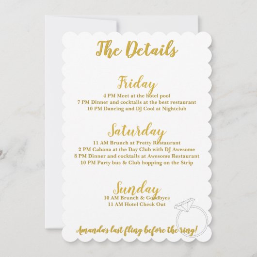 Bachelorette-weekendprogramma Goud Glitter Kaart (Achterkant)