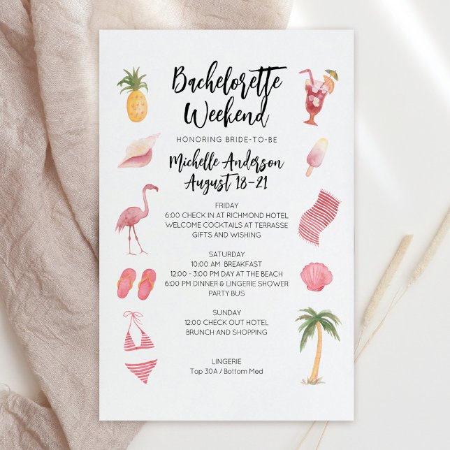 Bachelorette-weekendprogramma Watercolor Beach (Watercolor Beach Bachelorette Weekend Itinerary Invite)