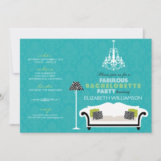 Bachelorette Zebra Decor Invitation (aqua) (Devant)