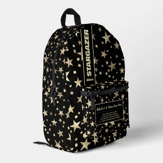Back To School Faux Holographic Gold Stars Black Bedrukte Rugzak (Achterkant Hoek Links)