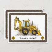 Backhoe Digger Construction Kinder Party Invitatio Kaart (Voorkant / Achterkant)
