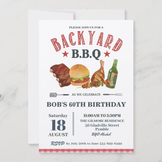 Backyard BBQ Male Birthday Red Gingham Craft Invit Kaart (Voorkant)