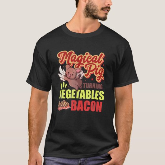 Bacon Funny Pig zet groenten in Bacon Magica T-shirt (Voorkant)