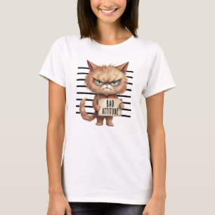 Bad Attitude Cat Mugshot – Grappig katachtig ontwe T-shirt