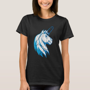 Bad Horse Unicorn met kettingzaag en blauwe ontvla T-shirt