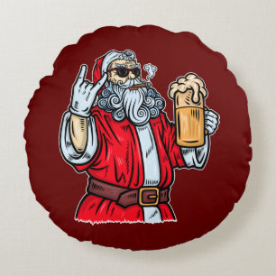 Bad Santa Claus, Rock, Beer en Cigar Rond Kussen