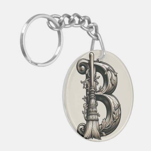Bad Witch Witchy Broom Letter B Custom Initiaal Sleutelhanger (Voorkant Links)