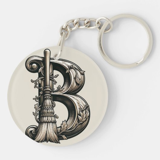 Bad Witch Witchy Broom Letter B Custom Initiaal Sleutelhanger (Achterkant)