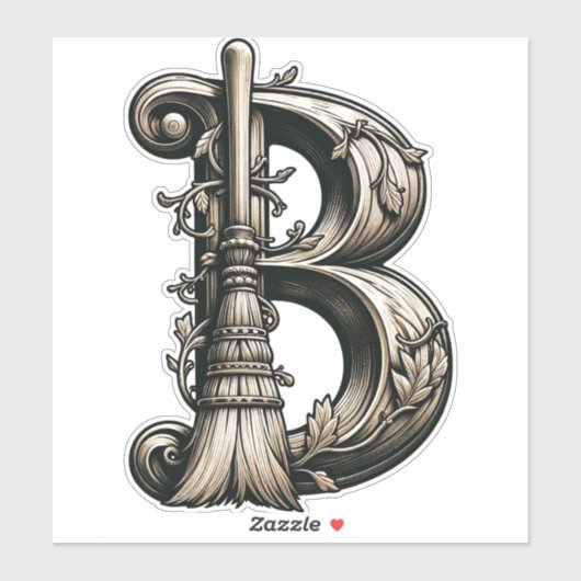 Bad Witch Witchy Broom Letter B Custom Initiaal Sticker (Vel)