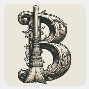 Bad Witch Witchy Broom Letter B Custom Initiaal Vierkante Sticker