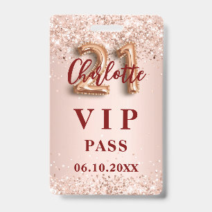 Badge 21e anniversaire rose or vip party pass