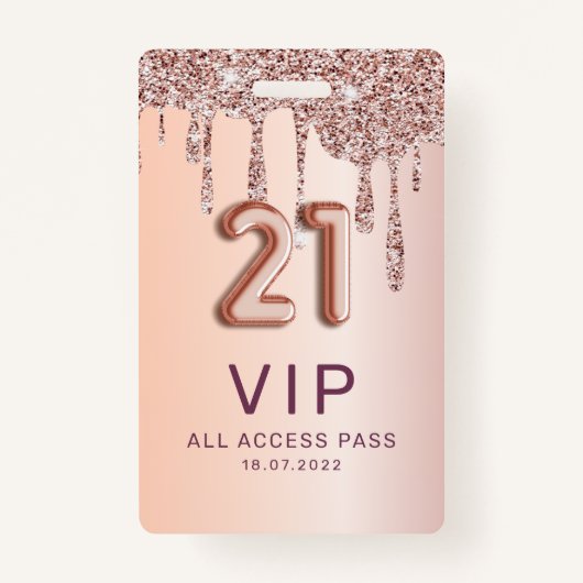 Badge 21e Anniversaire Rose Parties scintillant d'or (Devant)