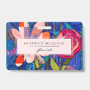 Badge Abstrait floral moderne rose rougeâtre bleu