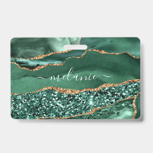 Badge Agate Green Gold Parties scintillant Géode Marbre