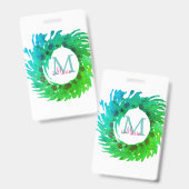 Badge Ajouter une couronne de Noël vert rose monogramme (Avant & arrière)