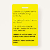 Badge Alerte à l'autisme du tournesol vert ID photo et b (Dos)