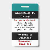Badge Alerte Allergie aux Produits Laitiers Code Teal (Arrière)