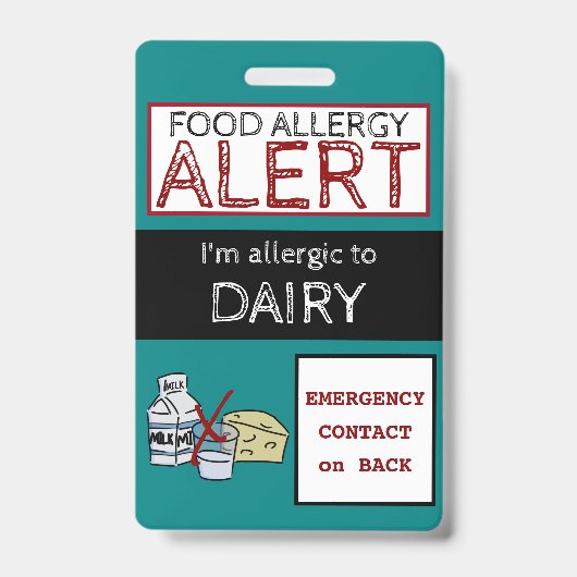Badge Alerte Allergie aux Produits Laitiers Code Teal (Avant)