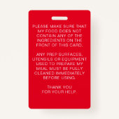 Badge Alerte d'allergie alimentaire rouge personnalisée (Dos)