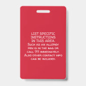 Badge Alerte d'allergie pour les informations de contact (Arrière)