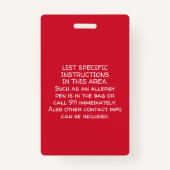 Badge Alerte d'allergie pour les informations Médicales (Dos)