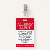 Badge Alerte d'allergie pour les informations Médicales (Devant avec clip)