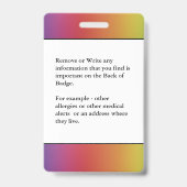 Badge Alerte d'invalidité d'allergie ID contact Photo pe (Back)