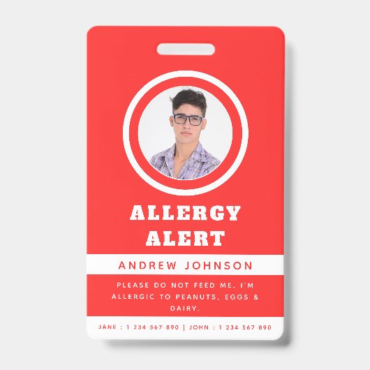 Badge Alerte d'urgence pour allergie alimentaire avec ph (Avant)
