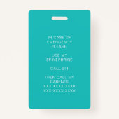 Badge Allergie alimentaire Alerte Médicale Contact d'urg (Dos)