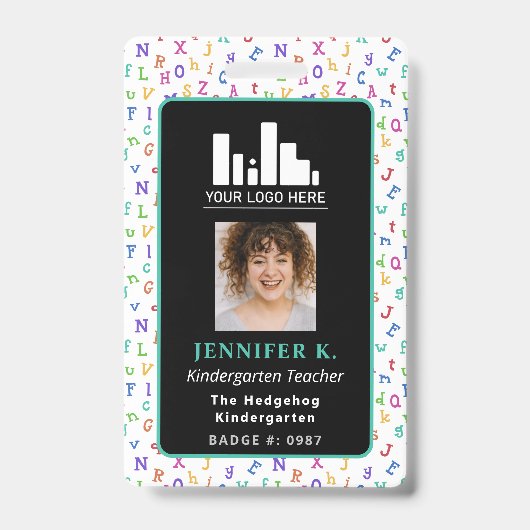 Badge Alphabet coloré enseignant photo et logo (Avant)
