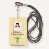 Badge Alternative Médicale Caduceus Green Feuilles Beige (Devant avec lanière)