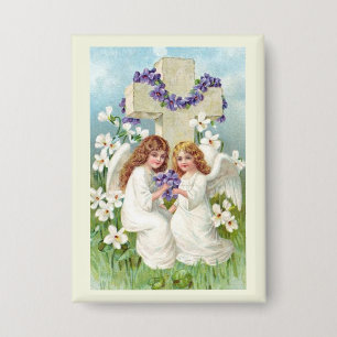 Badge Anges Mignons Avec Croix Et Fleurs