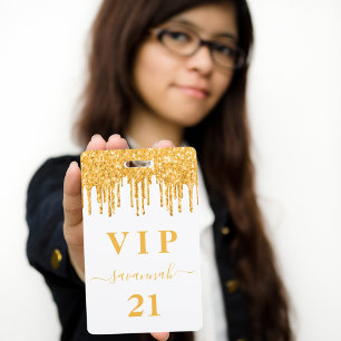 Badge Anniversaire paillettes or blanc monogramme vip 