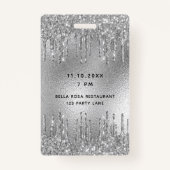 Badge Anniversaire parties scintillant argent gouttes mé (Dos)