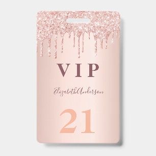 Badge Anniversaire rose gouttes d'or rose vip