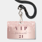 Badge Anniversaire rose gouttes d'or rose vip (Avant avec lanière)