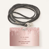 Badge Anniversaire rose gouttes d'or rose vip (Derrière avec lanière)