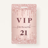 Badge Anniversaire rose or parties scintillant goutte ro (Devant)