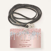 Badge Anniversaire rose or parties scintillant gouttes r (Derrière avec lanière)