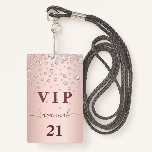 Badge Anniversaire rose or rose monogramme vip luxe badg (Devant avec lanière)